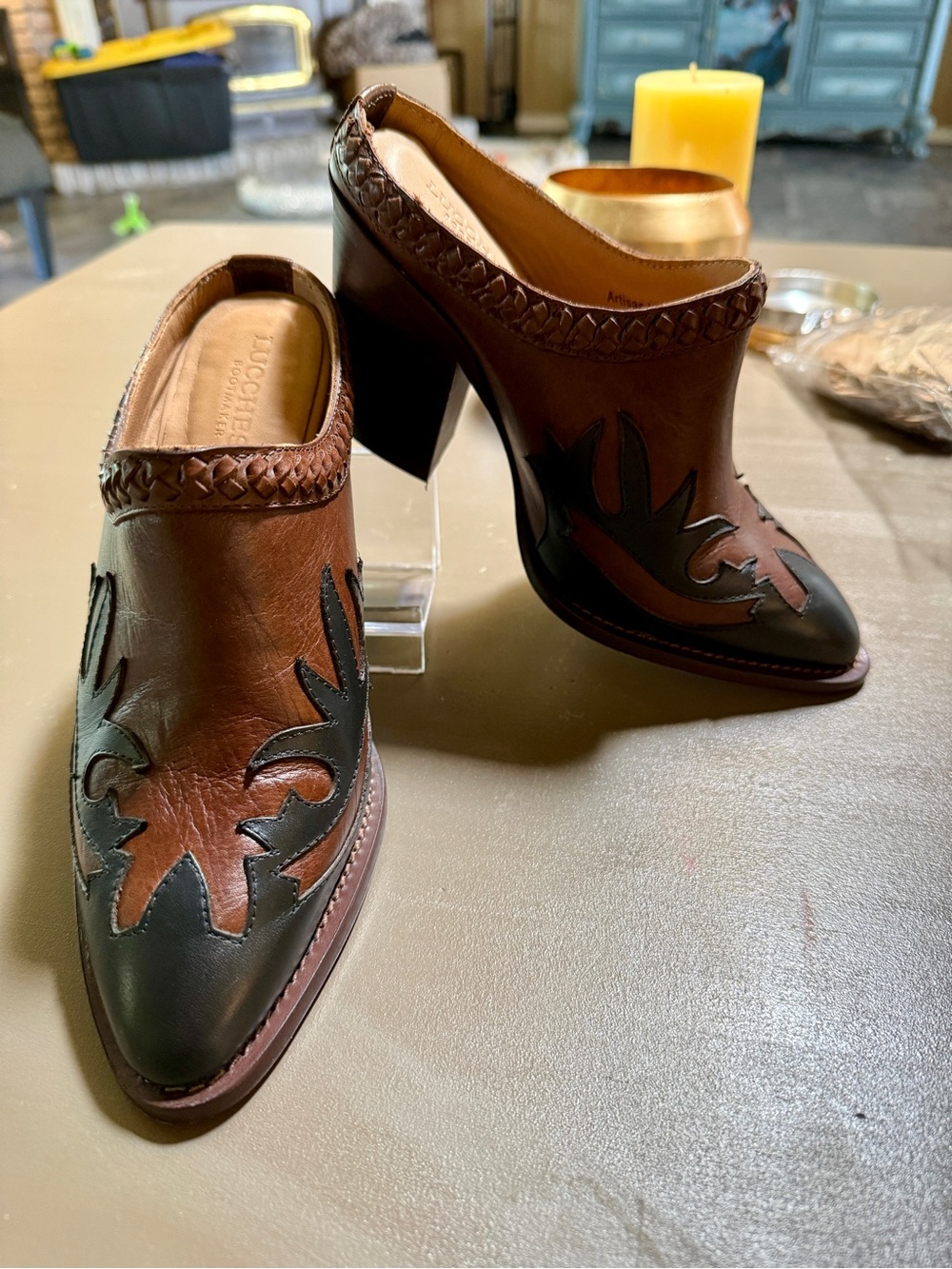 Lucchese Two-Tone Western Leather Mules Clogs Slide Cowboy Boots